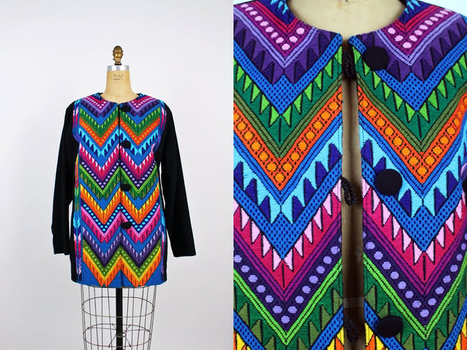 Vintage Guatemalan Jacket / Oversized Coat / Rainbow / Embroidered Jacket / Bohemian / Chevron Coat/ Ethnic Jacket / Size L 