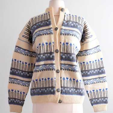 Vintage 1950's Blue & Ivory Nordic Wool Cardigan Sweater / L