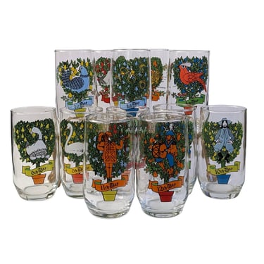 Vintage Twelve Days of Christmas Glasses / Full Set of 12 Novelty Juice Glasses / 1970s Indiana Glass Holiday Drinkware 