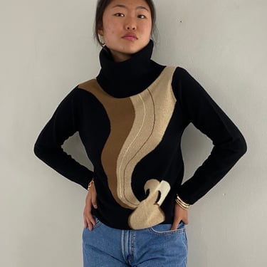 60s intarsia cashmere turtleneck sweater / vintage mod black camel wave handknit intarsia cashmere cowl neck turtleneck sweater Scotland | S 