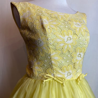 60’s Lacy lemon yellow fit & flare chiffon Spring party dress~ Sweet sleeveless 1960’s MCM cutie~ pinup retro true vintage XXSM/ petite 