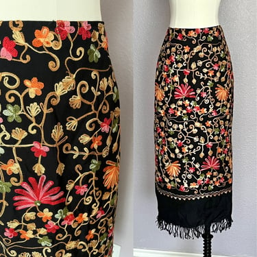 Embroidered Skirt, Fringe, Vibrant Stitching, Pencil Skirt, Vintage 