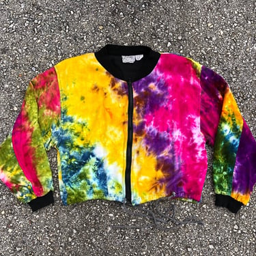 Vintage ‘80s ‘90s tie dye cropped bomber jacket | super soft Indian cotton & rayon, hippie revival psychedelic jacket 