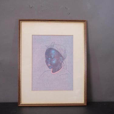 Vintage W. M. Otto Framed African Child Portrait Print on Fabric | Tretchikoff Style |  Wood Frame Behind Glass 