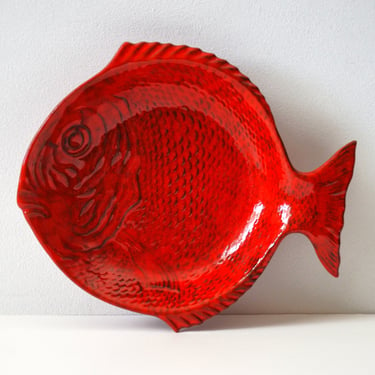 Vintage Red Italian Fish Plate, 10" Serving Dish Plater, Made In Italy 