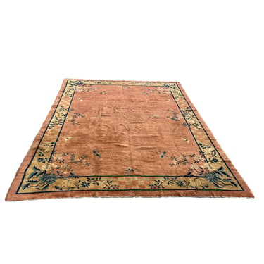Pink and Tan Chinese Art Deco Rug | 8' 11" x 11' 6"