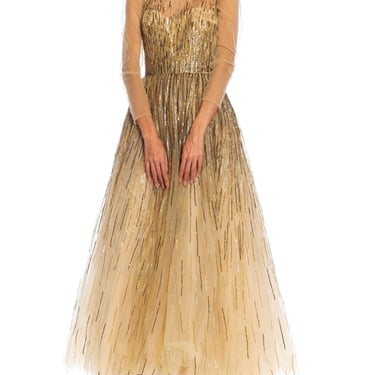 2000S Oscar De La Renta Champagne Beaded Tulle Gown  Shawl 