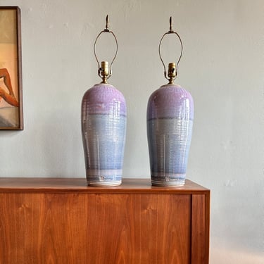Pair of vintage Blue Spruce Pottery ceramic lamps / dreamy lavender-blue handmade large table lamps 