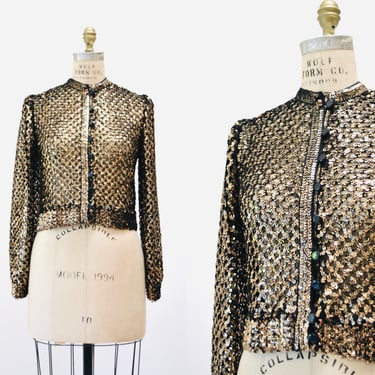 70s 80s Vintage Sequin Sweater Cardigan Jacket By Lillie Rubin Small Medium Metallic Sweater Gold silver Black Jacket Cardigan Sweater 