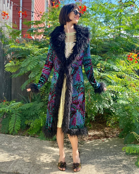 Betsey Johnson Psychedelic Faux Fur Duster Jacket | Feathers 