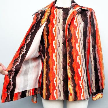 Vintage Psychedelic 1960's Polyester MATCHING SET Jacket Top Blouse 1970's OpArt Orange Hippie Hoho Disco Mid Century Suit 