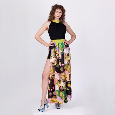 Vintage 60s 70s Boho Psychedelic Peekaboo Romper Dress - Extra Small  | Vintage Abstract Maxi High Slit Black & Green Outfit 