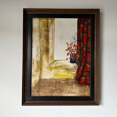 1960's H. N. Bedrossian " Rideaux Rouge a La Fenetre " Oil on Canvas Painting, Frame 