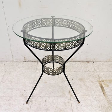 Metal Side Table | Mid Century Atomic Pierced Accent Table With Iron Legs and Glass Top 