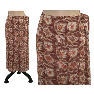 90s Brown Floral Long Pencil Skirt Small - Chiffon Maxi Silk Wrap Skirt - Bohemian India Print - 1990s Clothes Women Vintage BANANA REPUBLIC 