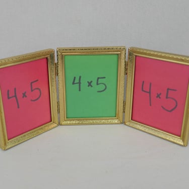 Vintage Tri-Fold Hinged Picture Frame - Triple Gold Tone Metal Frame w/ Non-Glare Glass - Holds Three 4