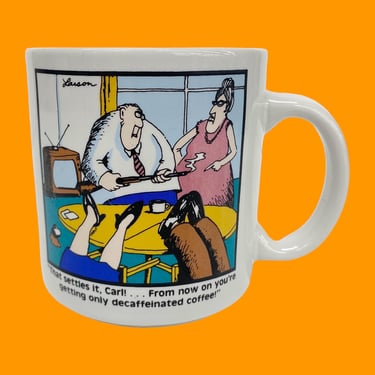 Vintage Far Side Mug Retro 1980s Gary Larson + Carl + Decaffeinated Coffee + White Porcelain + Cartoon + Novelty or Humor + Kitchen + Drink 