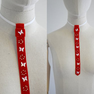 1950s/60s Red Velvet Ribbon Necktie with Butterfly Sequins 