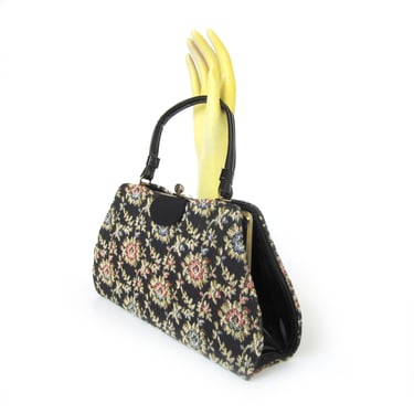 Floral Tapestry Evening Bag, Convertible Black Bag, Two-in-One Rockabilly Purse or Handbag with Gold Frame Kiss Clasp, Prom Bag, Bride Bag 