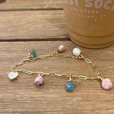 Gemstone Charm Bracelet 14k goldfill paperclip chain bracelet with pearls and rough gems spring bracelet Mother's Day gift pastels 