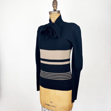 Vintage 70s 80s Sonia Rykiel Striped Wool Sweater with Neck Tie and Juliet Sleeves S 