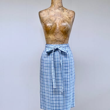 1960s Blue and White Plaid Linen Pencil Skirt, Mid-Century Preppy Separates, Saks Fifth Avenue, Small 27 Inch Waist, VFG 