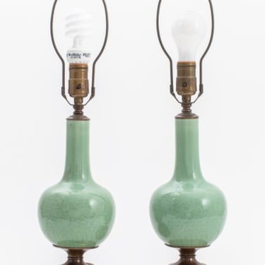 Chinese Celadon Bottle Vases Mounted Lamps, Pair