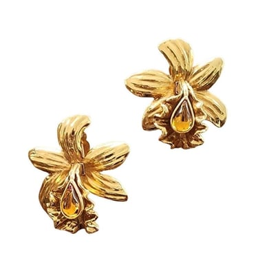 Vintage 80s Earrings Clips Antigona Paris Gold Orchid Flowers 