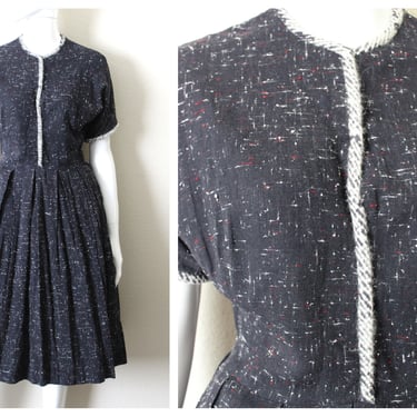 Vintage 1940s 50s Gray white red Angora Woven Speckled Confetti Wool Dress  // Modern US 2 4 6 xs/small 