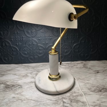 Bankers Lamp with white shade and stone base