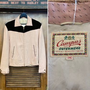 Vintage 1950’s “Campus” Two-Tone Rayon x Velvet Atomic Rockabilly Jacket, 50’s Vintage Clothing 