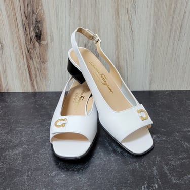 Ferragamo Low Heel White Leather Slingback - Womens 9.5B 