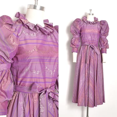 Vintage 1980s Dress / 80s Ruffled Puff Sleeve Cherub Print Dress / Purple ( small S ) 