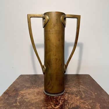 WWII Trench Art Vase with Unique Handles - Antique Militaria Folk Art Sculpture - 11 1/2" x 3" x 7 1/2" - Rare 1940s Unusual War Artwork 