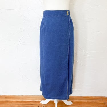 90s Denim Wrap Maxi Skirt Medium Wash Blue Cotton Linen | 