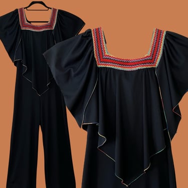 Vintage 70s Jumpsuit Black Rainbow with Overlay 