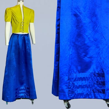 RARE Antique Skirt / 1910s Edwardian Vibrant JEWEL BLUE Silk Satin Maxi Skirt / Evening Formal 