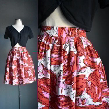 Vintage 1950s Cotton Floral Skirt / 1950s Skirt XS / Vintage 50s Cotton Skirt / True Vintage Cotton Floral Skirt / Red and Pink 50s Skirt 