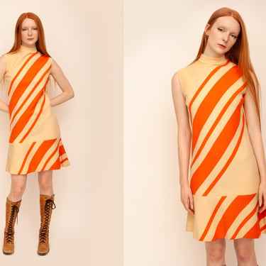 Vintage 1960s Wool Mod Drop Waist Orange Striped Mini Dress // Retro Twiggy 