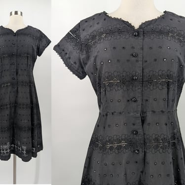 Vintage 50s Black Eyelet Short Sleeve Dress - Fifties Half Button Medium Cotton Dress 