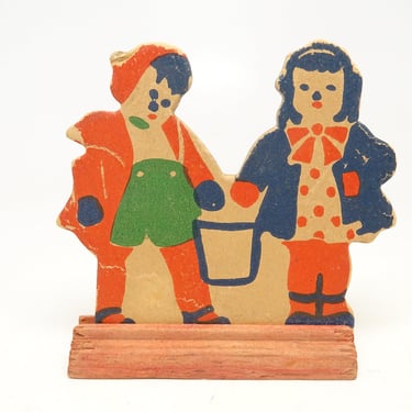 Antique 1930's Pressed Cardboard Jack & Jill on Wooden Base, from Mother Goose  Vintage Stand Up Toy 