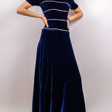 1940's blue velvet maxi dress