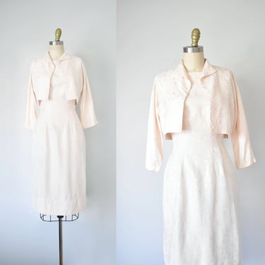 Pettigrew silk crepe dress & jacket, cream 1950s dress, modest wedding dress, two piece set, courthouse wedding dress 
