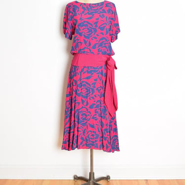 vintage 80s-does-30s dress pink purple draped drop waist flapper midi floral L clothing 