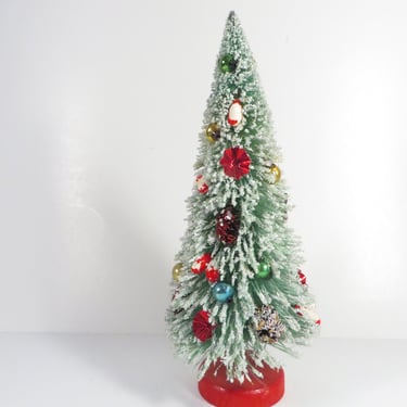 Vintage Bottle Brush Christmas Tree Made in Japan - Flocked Bottle Brush Tree Spun Fruit Glass Balls Reflectors 