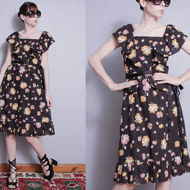 Vintage 1990's | Black | Floral | 100% Cotton | Peplum | Ruffled | Dress | S/M 