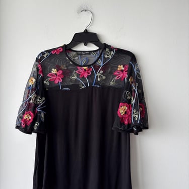 VTG Kim & Cami Blouse Black Short Bell Sleeve Floral Embroidered Mesh Yoke Women M Boho Art 