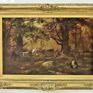 Antique Painting, Oil, M.C. Underwood, Framed, Landscape with Cattle, 1800's!!