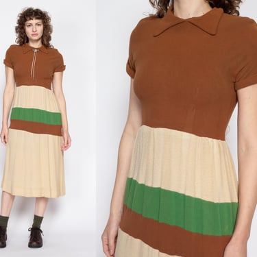 Small 70s Does 40s Color Block Midi Dress Petite | Vintage Boho Striped Pointed Collar Jersey Shirtdress 