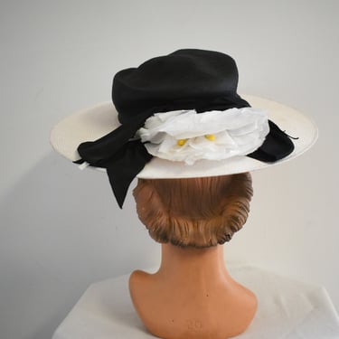 1960s Kurt Jr. Black and White Wide Brim Straw Hat 